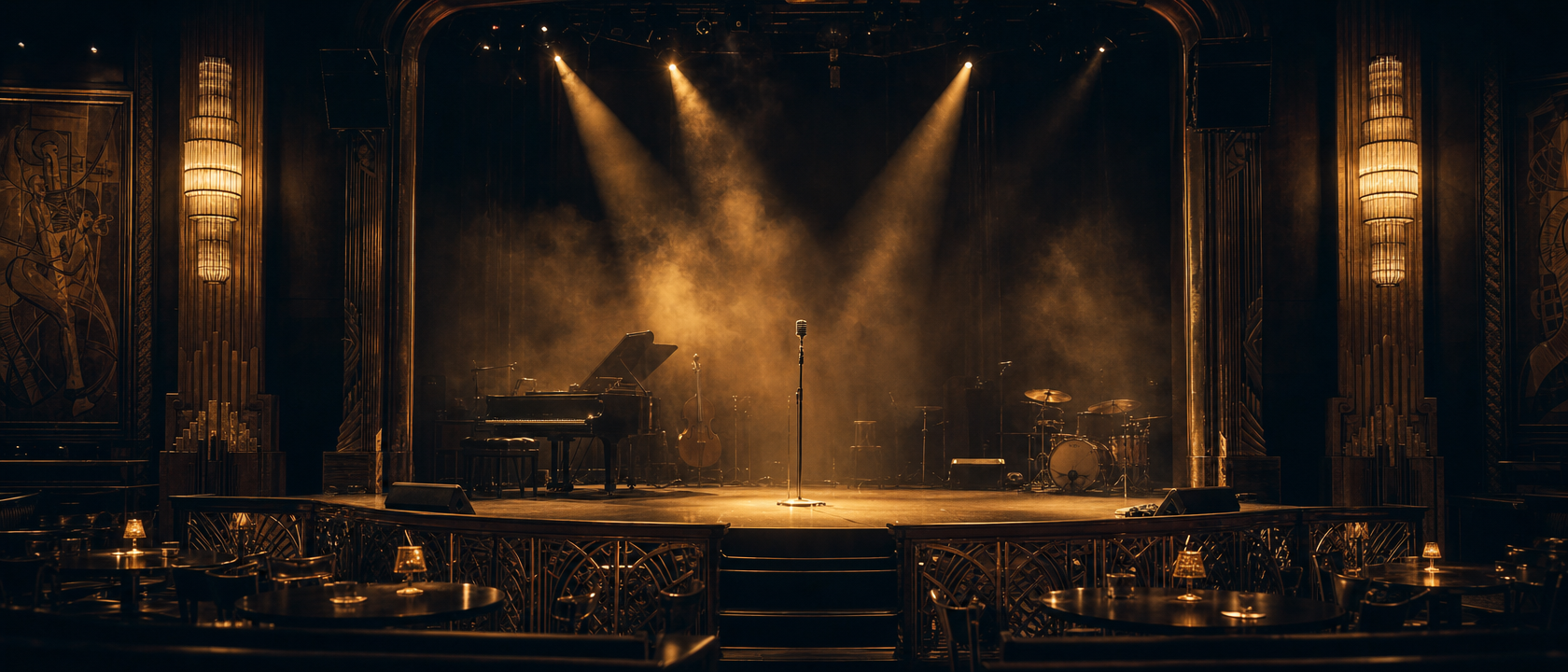 Cinematic stage with golden spotlights